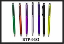 Seven metallic pens with stylus tips in green, red, purple, silver, navy, black, and yellow