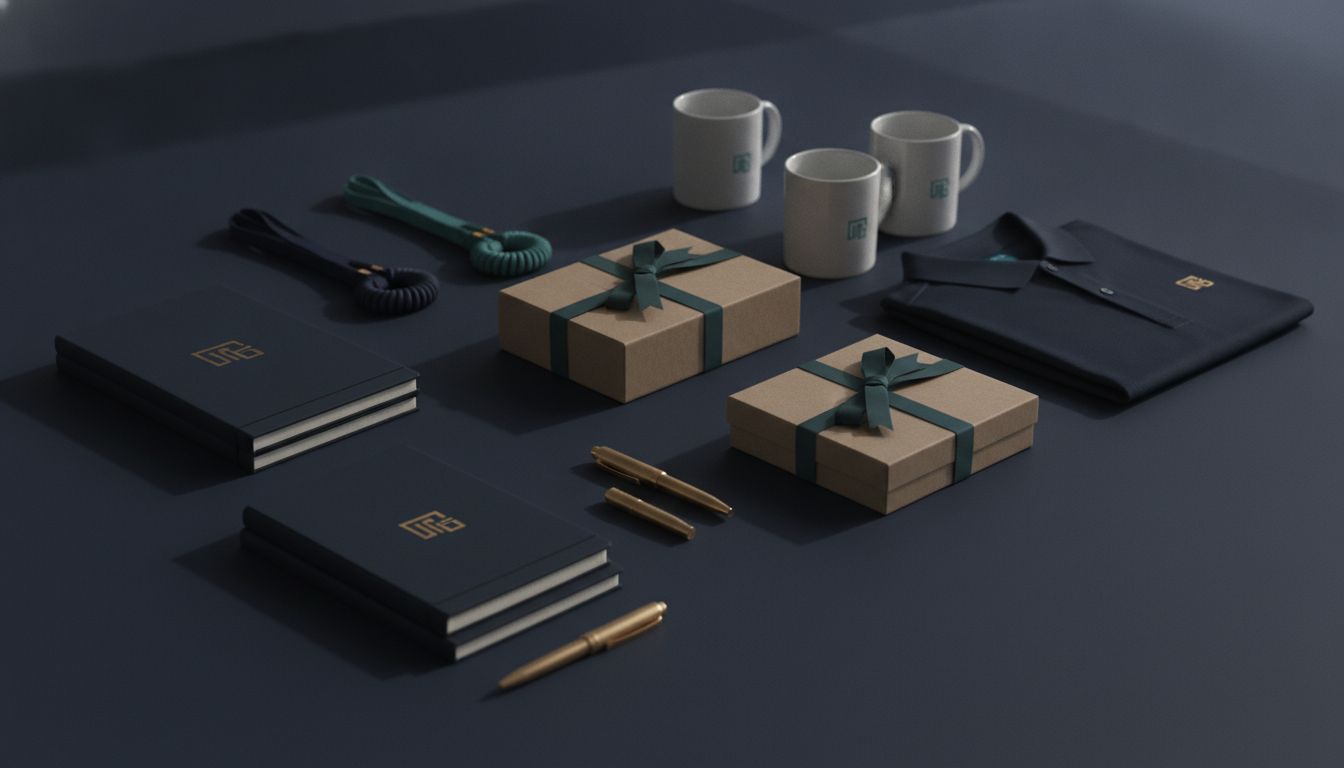 Flat-lay of branded corporate gifts and promotional merchandise on a navy surface