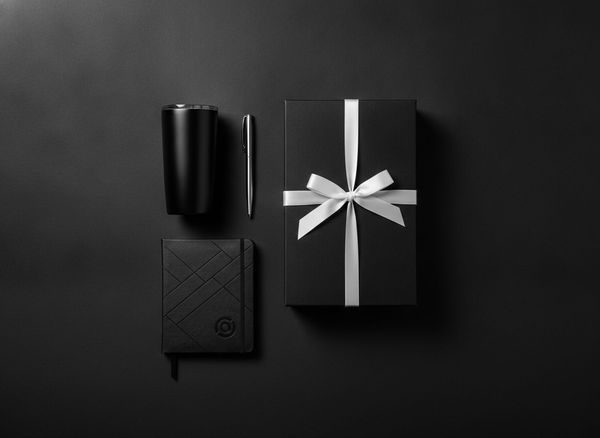 Premium corporate gift set with branded notebook, tumbler, pen, and gift box