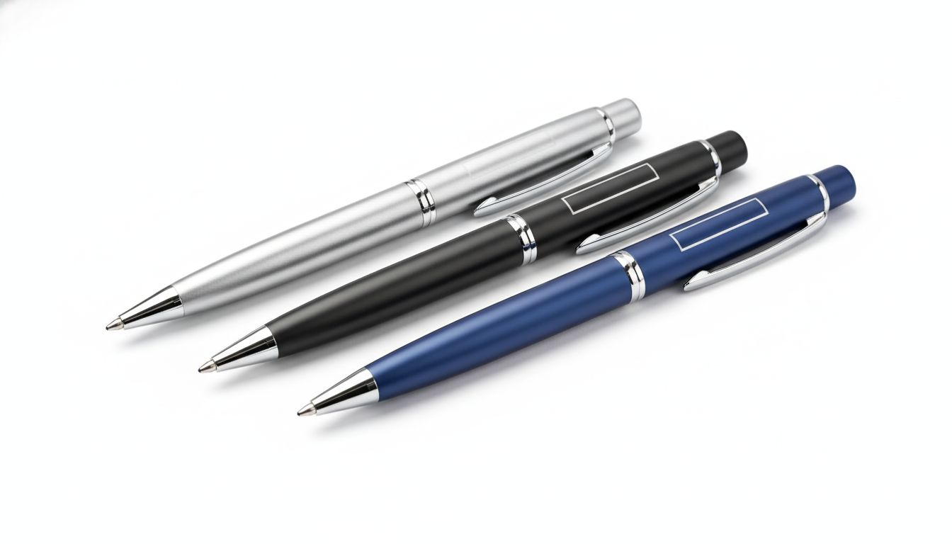 Metal executive ball pens in silver, black, and navy finishes