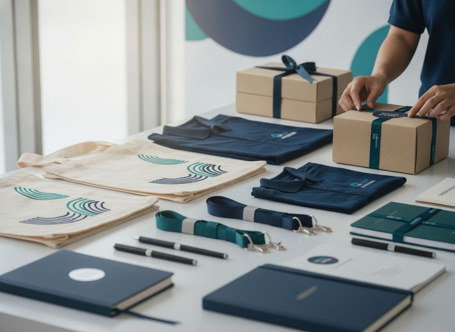 Team member arranging branded corporate gifts and promotional merchandise on a clean workspace.