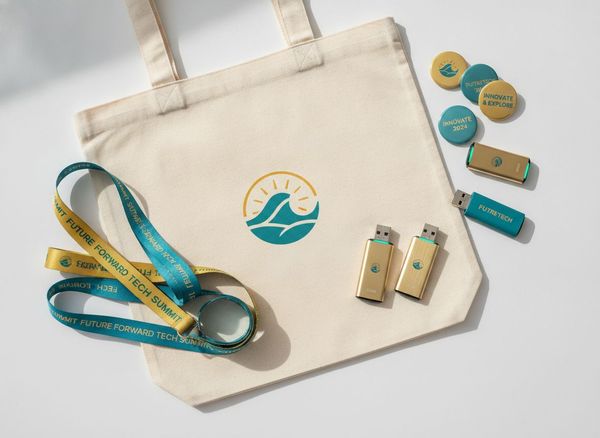 Trade show giveaway bundle with lanyards, USB drives, pins, and tote bag